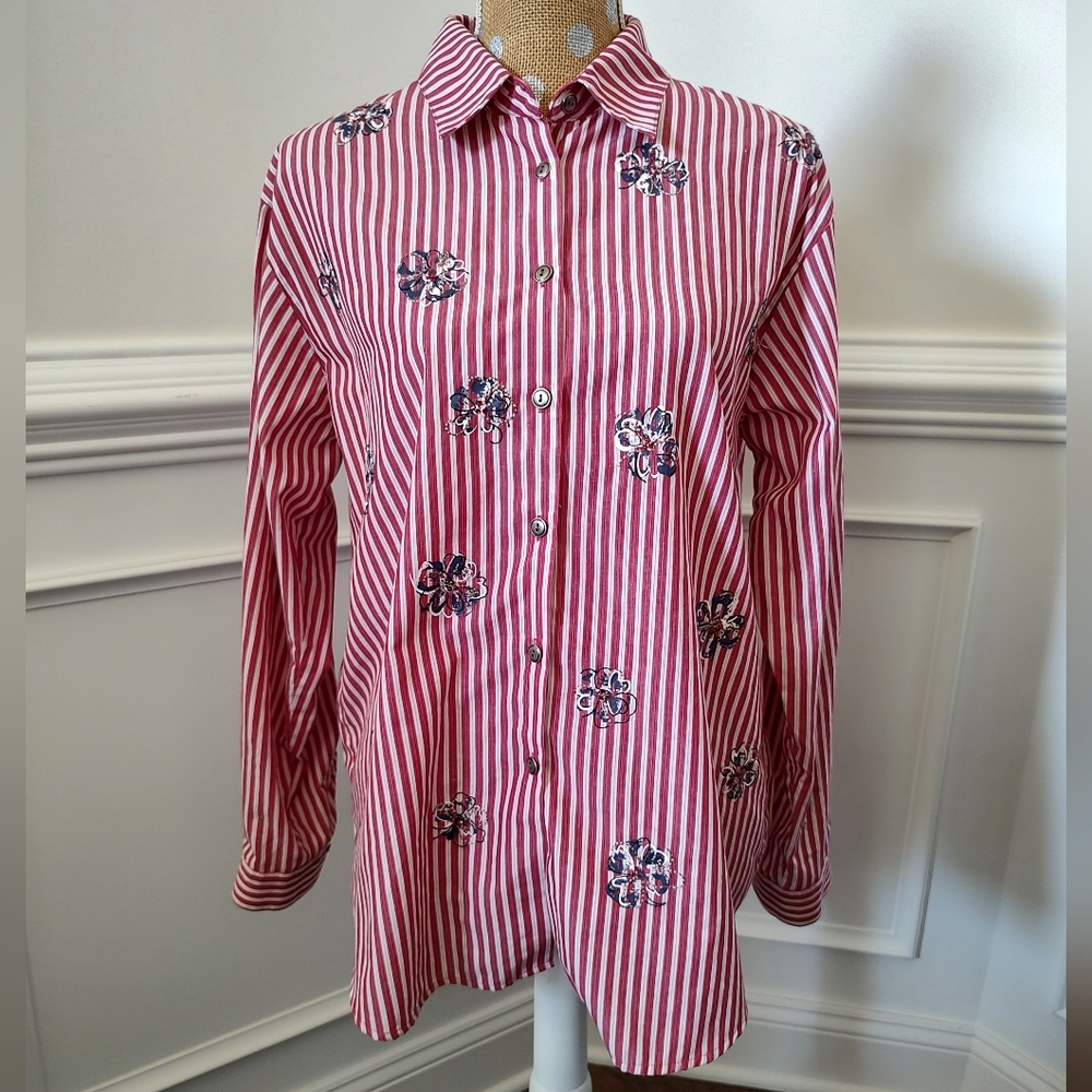 Koret City Blues Red and White Striped Shirt With Rhinestone And Floral Details